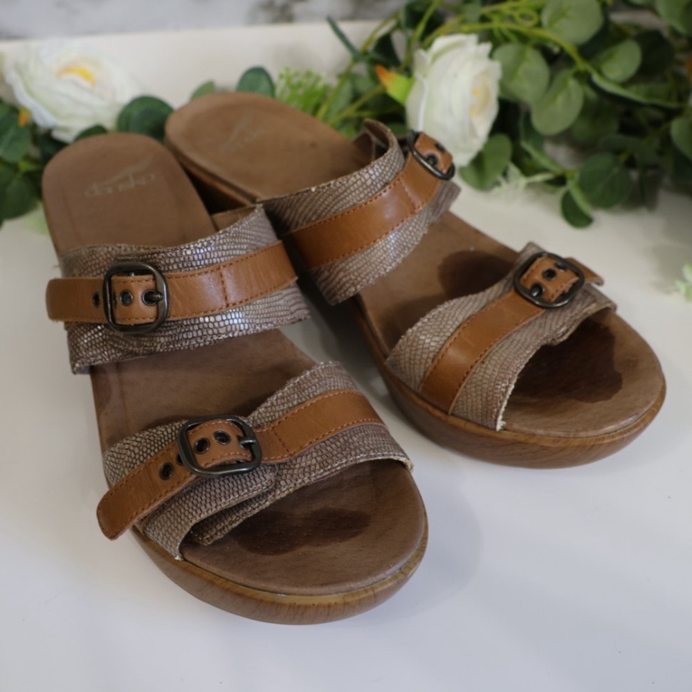 Dansko Sandal Mules Jessie Sand Lizard Print Leather Slip on